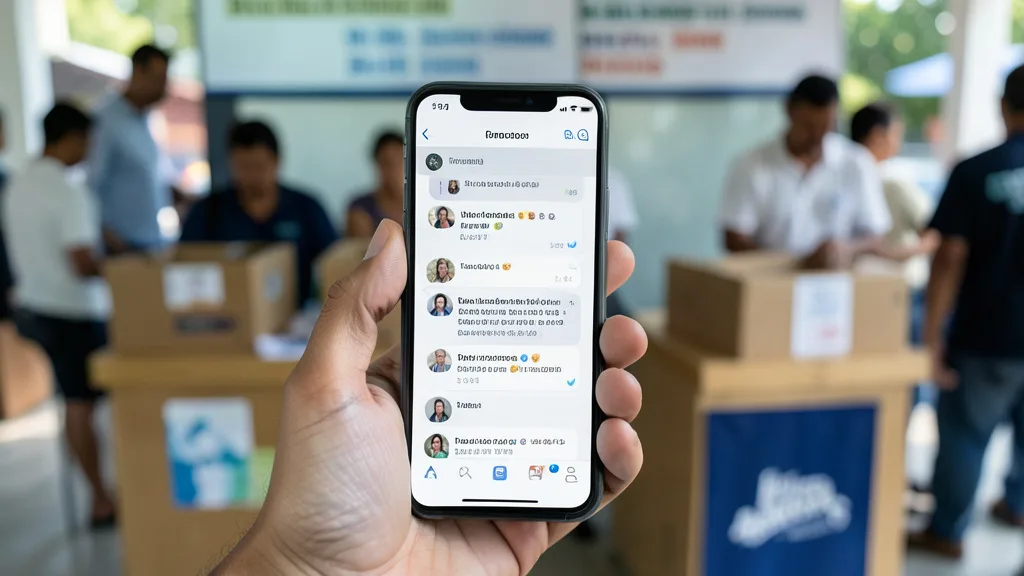 Imagem gerada por IA: Celular com um canal de mensagens em primeiro plano e uma seção eleitoral desfocada ao fundo.