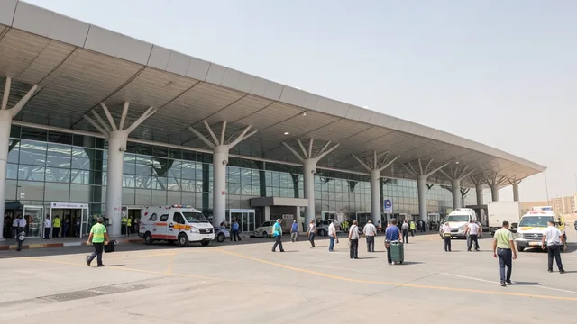 Imagem gerada por IA: Veículos de emergência diante de um terminal aeroportuário em Riad, com pessoas sendo orientadas a deixar o local.