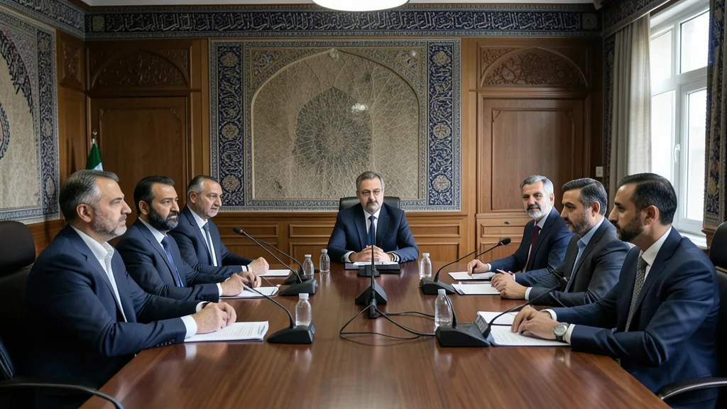 Imagem gerada por IA: Autoridades participam de uma reunião diplomática em uma sala oficial de Teerã.
