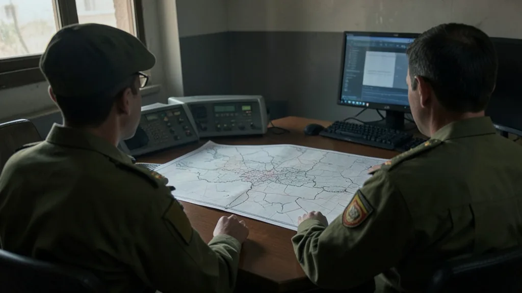 Imagem gerada por IA: Militares vistos de costas analisam um mapa sem inscrições em uma sala de comando.