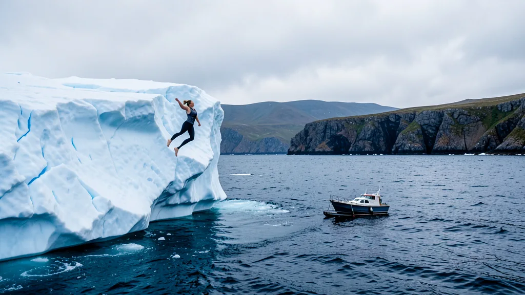Imagem gerada por IA: Mergulhadora se prepara para saltar de um iceberg no Atlântico Norte, com um barco de apoio ao lado.