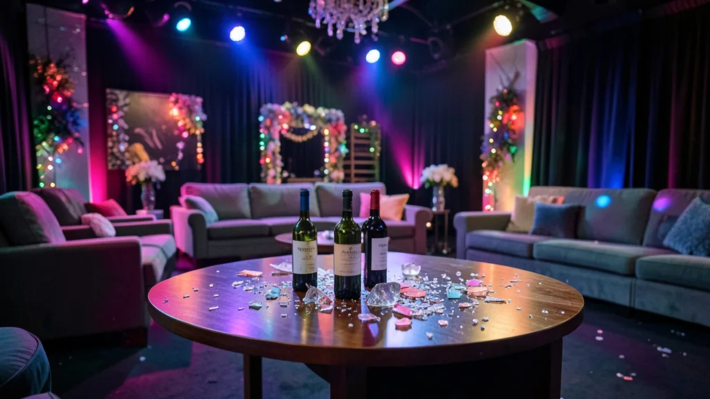 Imagem gerada por IA: Mesa com garrafas de vinho e fragmentos de vidro em um cenário de festa vazio.