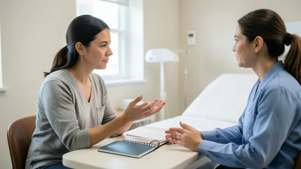 Imagem gerada por IA: Paciente conversa com uma profissional de saúde durante uma consulta médica.