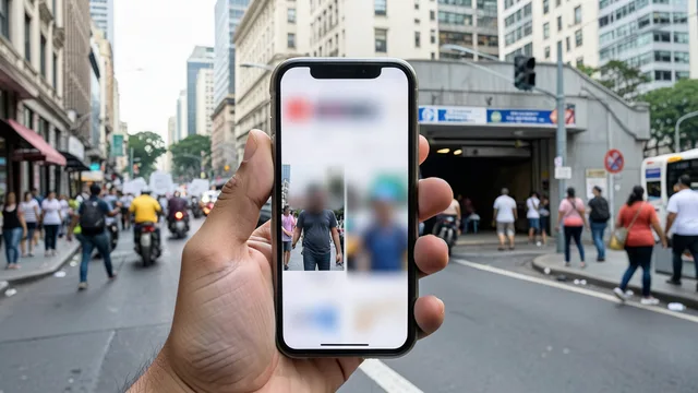 Imagem gerada por IA: Pessoa segura celular com imagens indistintas de manifestações na Avenida Paulista.
