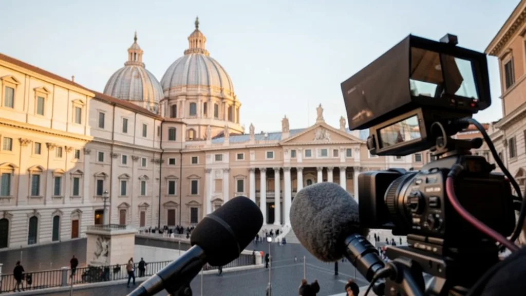 Imagem gerada por IA: Equipamentos de transmissão diante de um edifício do Vaticano, com a Basílica de São Pedro ao fundo.