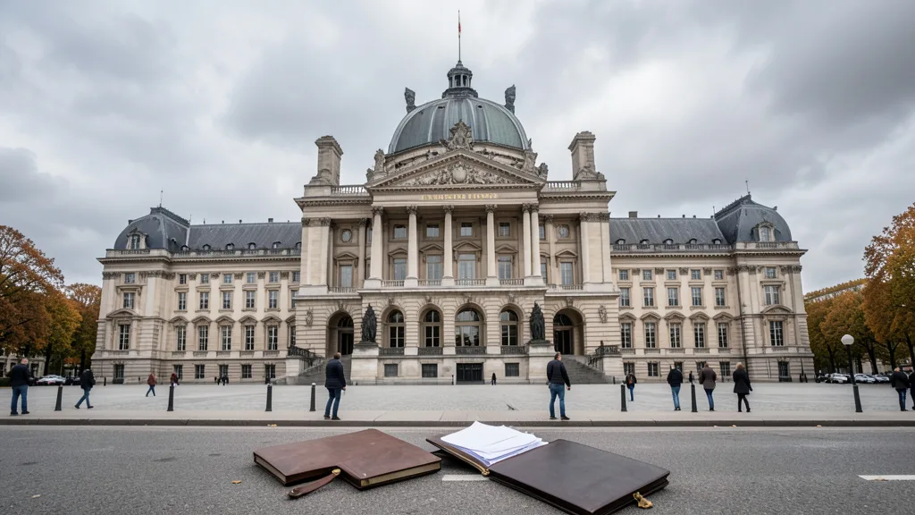 Imagem gerada por IA: Prédio da Assembleia Nacional francesa em Paris sob céu nublado.