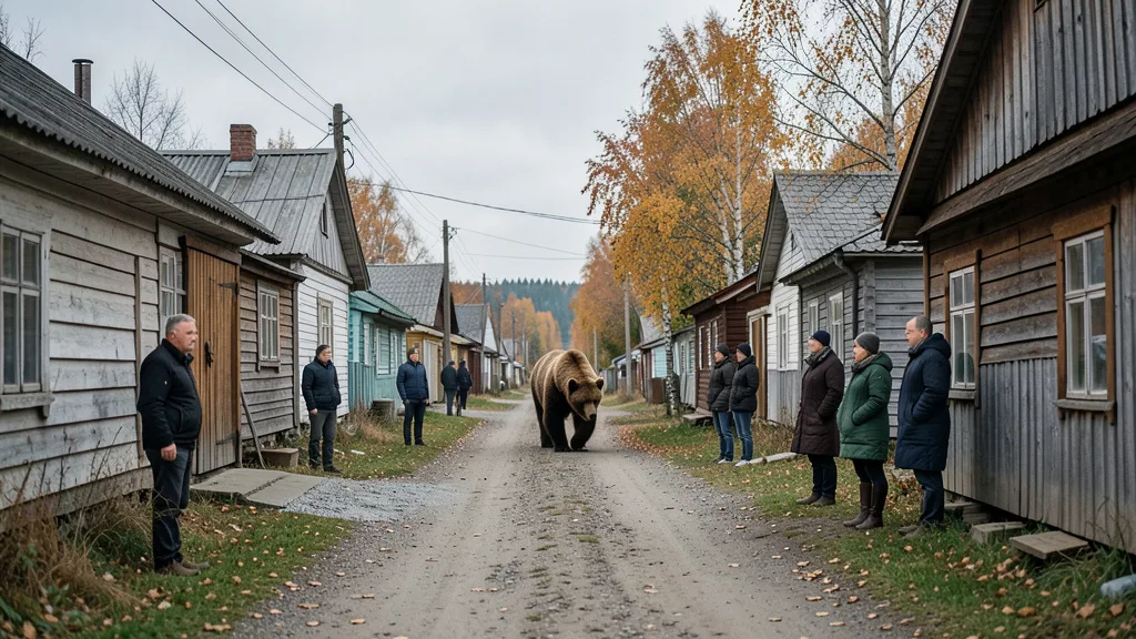 Imagem gerada por IA: Urso-pardo ao longe em uma rua de uma pequena cidade russa.