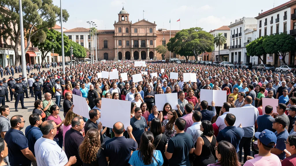 Imagem gerada por IA: Manifestantes reunidos em uma praça de Guadalajara durante protesto contra a água contaminada.
