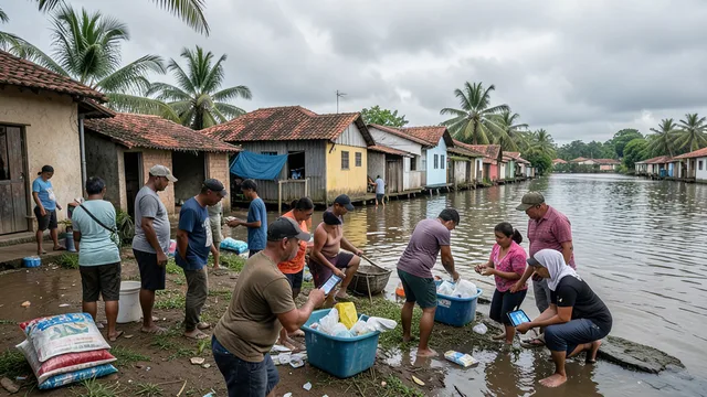 Imagem gerada por IA: Moradores de uma comunidade ribeirinha se preparam para uma possível enchente.
