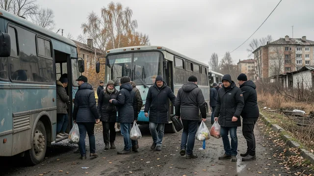 Imagem gerada por IA: Moradores embarcam em ônibus durante uma retirada de uma cidade ucraniana da linha de frente.