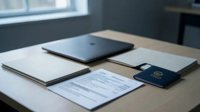Imagem gerada por IA: Documentos financeiros sem identificação e um passaporte sobre uma mesa em ambiente de investigação.