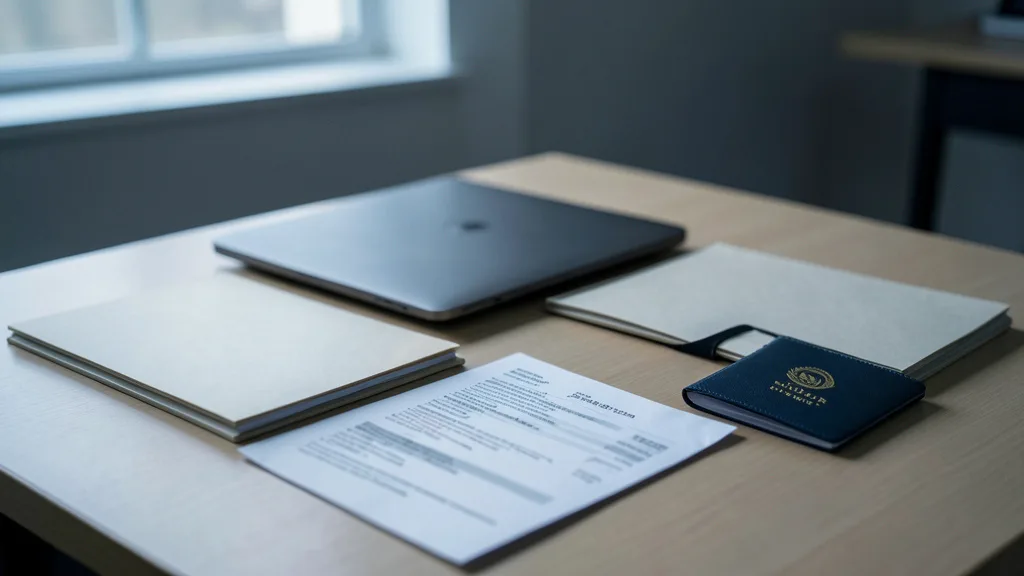 Imagem gerada por IA: Documentos financeiros sem identificação e um passaporte sobre uma mesa em ambiente de investigação.