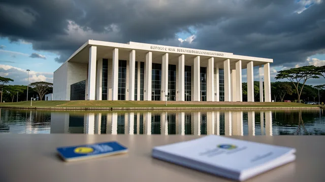 Imagem gerada por IA: Fachada do Supremo Tribunal Federal em Brasília, com um passaporte brasileiro e uma pasta de documentos em primeiro plano.