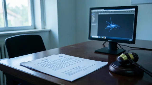 Petição impressa e computador sobre uma mesa em ambiente jurídico.