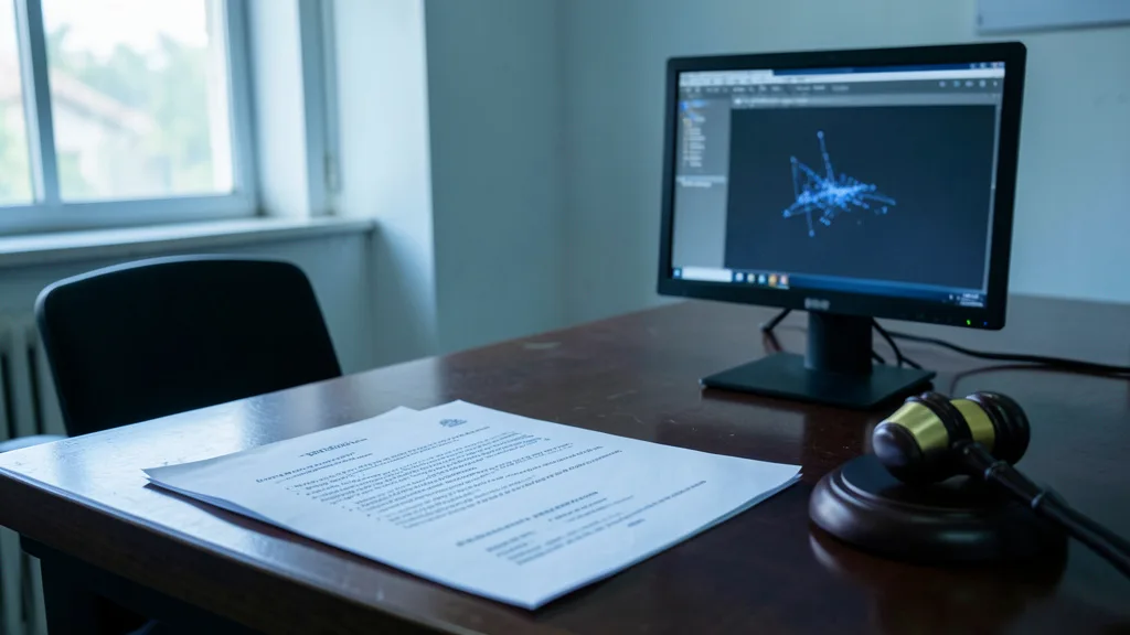 Petição impressa e computador sobre uma mesa em ambiente jurídico.