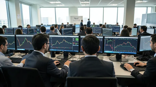 Imagem gerada por IA: Operadores acompanham o mercado financeiro em uma sala de negociação.