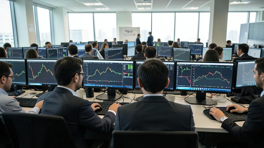 Imagem gerada por IA: Operadores acompanham o mercado financeiro em uma sala de negociação.