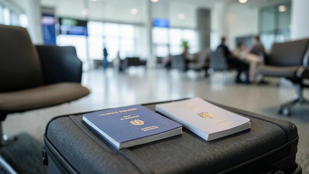 Imagem gerada por IA: Passaportes ao lado de uma mala em uma sala de embarque de aeroporto.