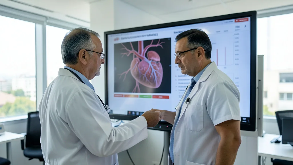Imagem gerada por IA: Cardiologista analisa dados sobre doenças cardiovasculares em um centro de pesquisa.