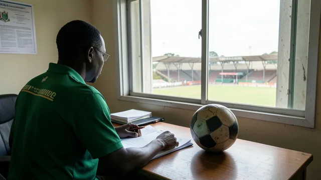 Escritório de uma federação de futebol, com uma bola e documentos sobre a mesa e um estádio ao fundo.