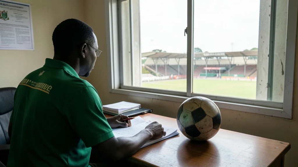 Escritório de uma federação de futebol, com uma bola e documentos sobre a mesa e um estádio ao fundo.