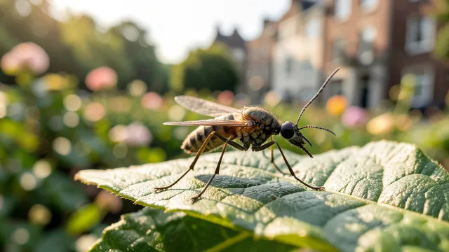 Imagem gerada por IA: Mosquito-tigre pousado em uma folha diante de um jardim urbano.