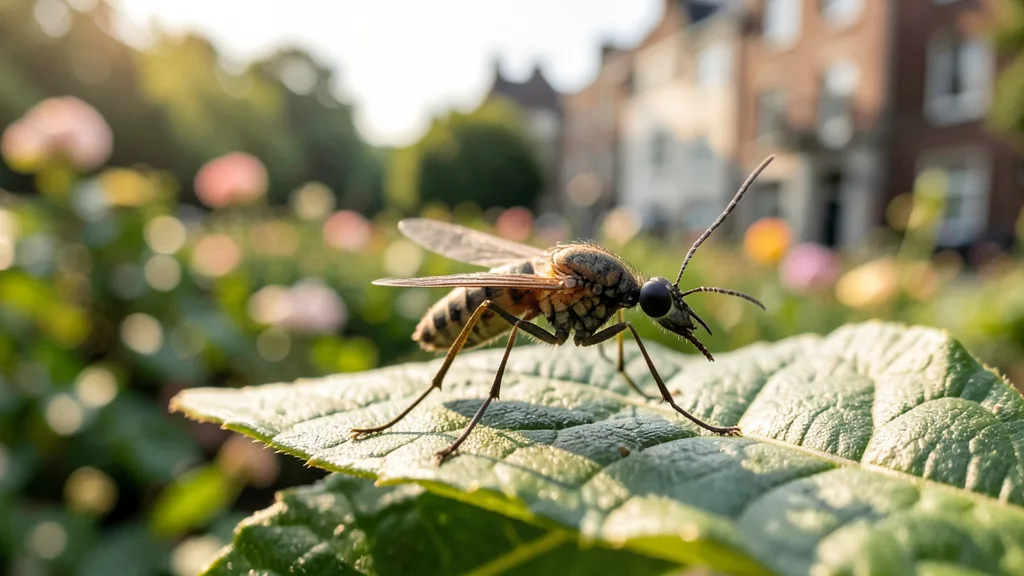 Imagem gerada por IA: Mosquito-tigre pousado em uma folha diante de um jardim urbano.