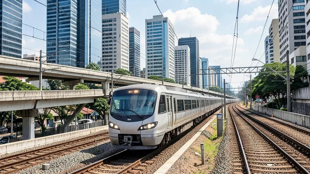 Imagem gerada por IA: Trem urbano circula por trilhos elevados entre edifícios de uma cidade.