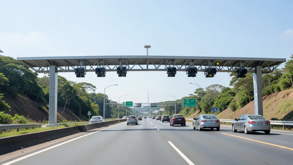 Imagem gerada por IA: Carros passam sob pórticos de cobrança eletrônica em uma rodovia.