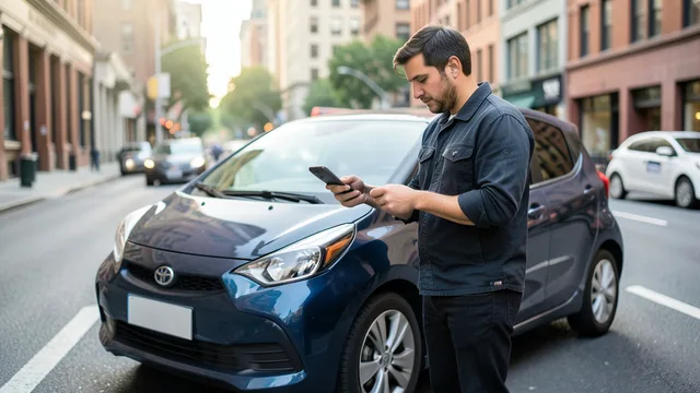 Imagem gerada por IA: Motorista de aplicativo ao lado de um carro, consultando o celular.