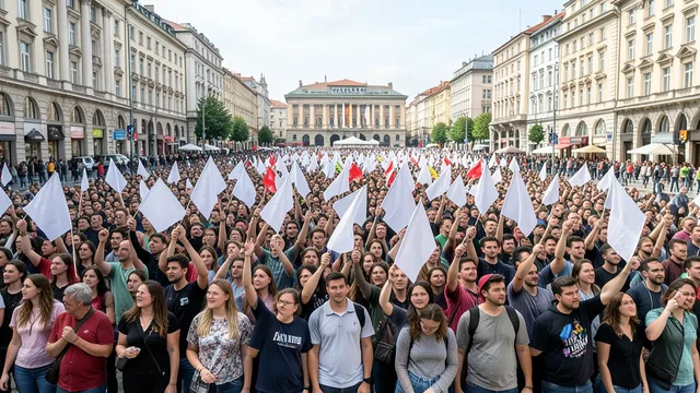 Imagem gerada por IA: Multidão participa de um ato político estudantil na Praça Slavija, em Belgrado.