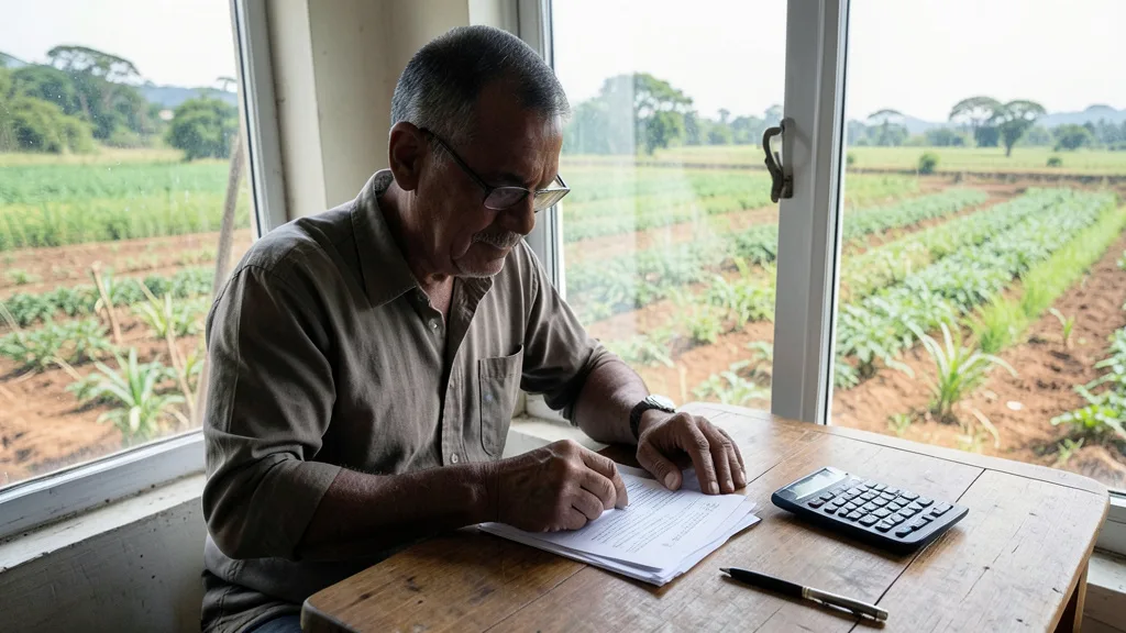 Imagem gerada por IA: Produtor rural analisa documentos financeiros em uma mesa, com uma plantação ao fundo.