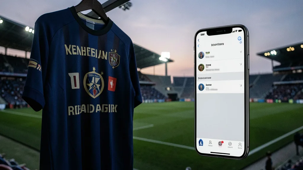Camisa de futebol diante de um estádio vazio e um celular com interface de apostas sem texto legível.