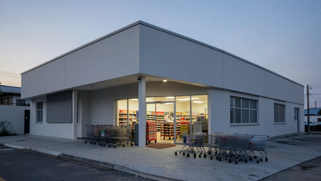 Fachada genérica de supermercado ao entardecer, com carrinhos de compras na entrada.