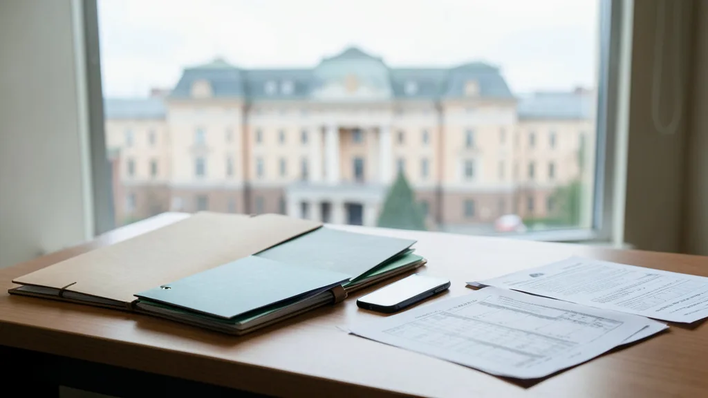 Imagem gerada por IA: Documentos e um celular sobre uma mesa, com um prédio público ao fundo.