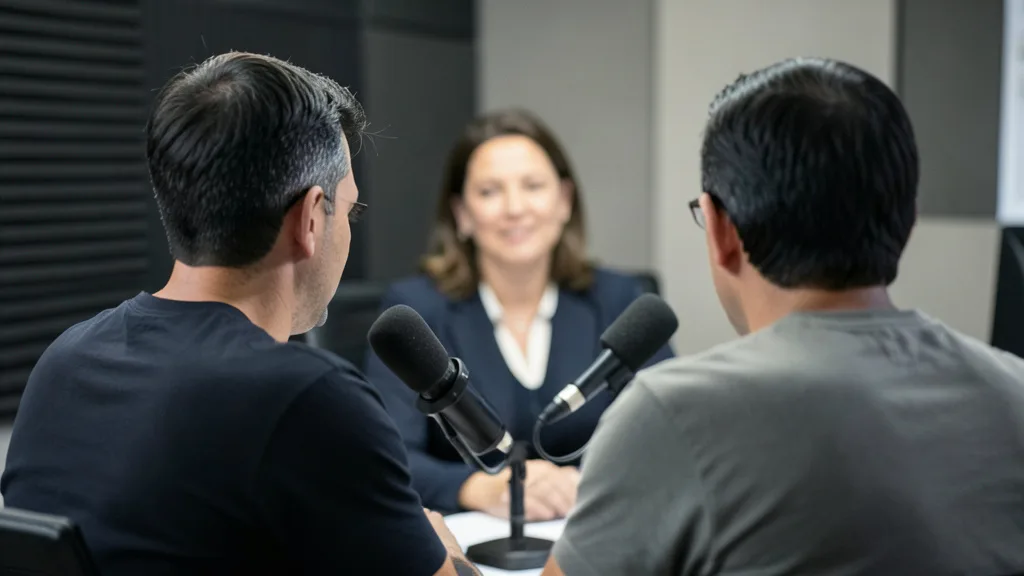 Imagem gerada por IA: Microfone em um estúdio de rádio durante uma entrevista.