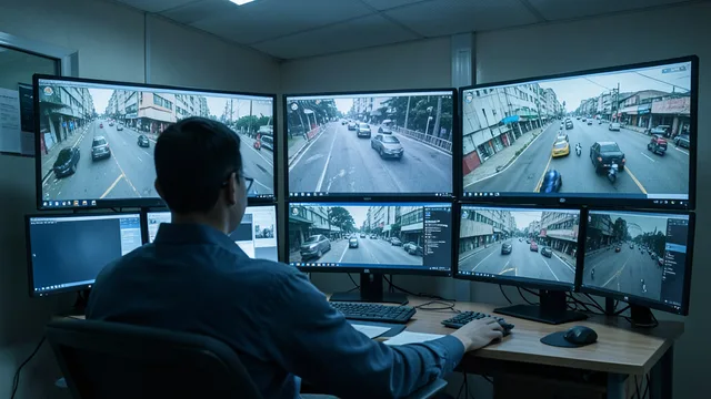 Imagem gerada por IA: Monitores com imagens de câmeras em uma sala de monitoramento municipal.