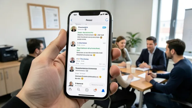 Imagem gerada por IA: Celular com uma comunidade de mensagens aberta enquanto apoiadores conversam ao redor de uma mesa.