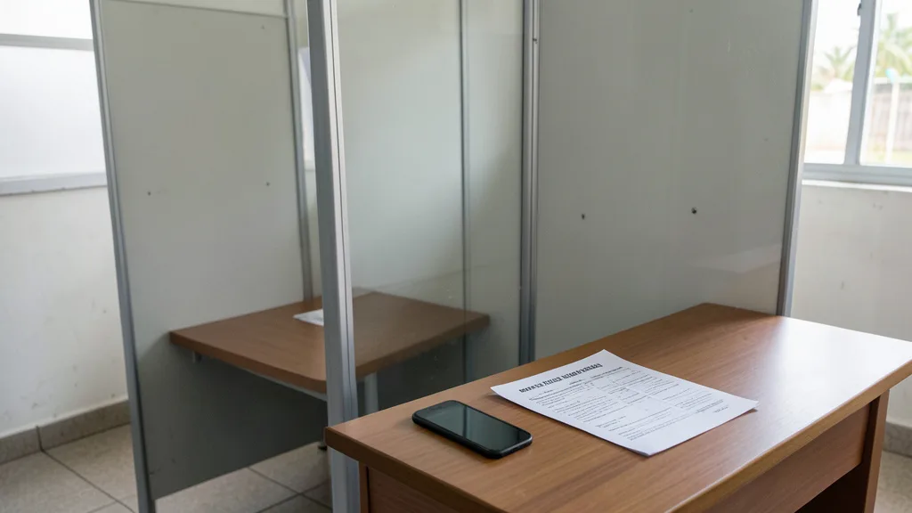 Imagem gerada por IA: Cabine de votação vazia, com celular do lado de fora e uma anotação em papel sobre a mesa.