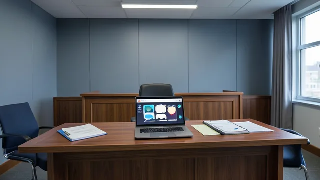 Imagem gerada por IA: Sala de tribunal com computador e documentos sobre uma mesa.