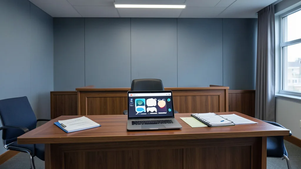 Imagem gerada por IA: Sala de tribunal com computador e documentos sobre uma mesa.