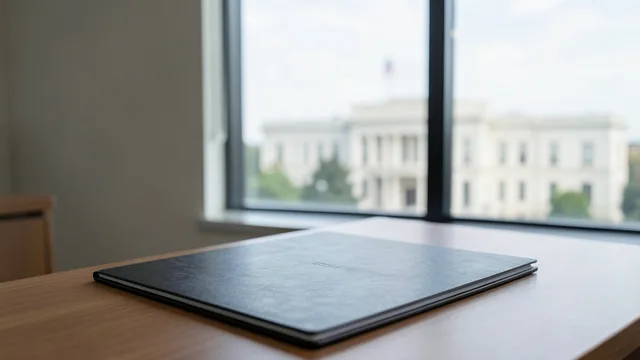 Imagem gerada por IA: Pasta fechada sobre uma mesa em um escritório, com um prédio público desfocado ao fundo.