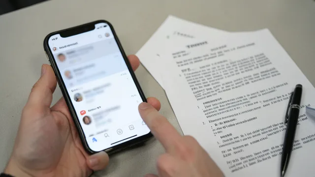 Imagem gerada por IA: Celular com perfil de rede social ao lado de documentos judiciais sobre uma mesa.