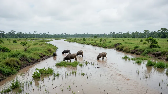 Imagem gerada por IA: Búfalos pastam em uma planície alagável às margens de um trecho assoreado de rio no Amapá.