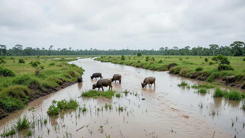 Imagem gerada por IA: Búfalos pastam em uma planície alagável às margens de um trecho assoreado de rio no Amapá.