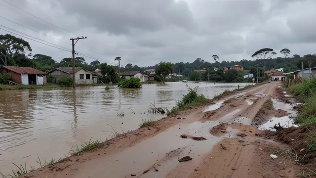 Imagem gerada por IA: Estrada alagada e casas danificadas após enchentes no sul do Brasil.