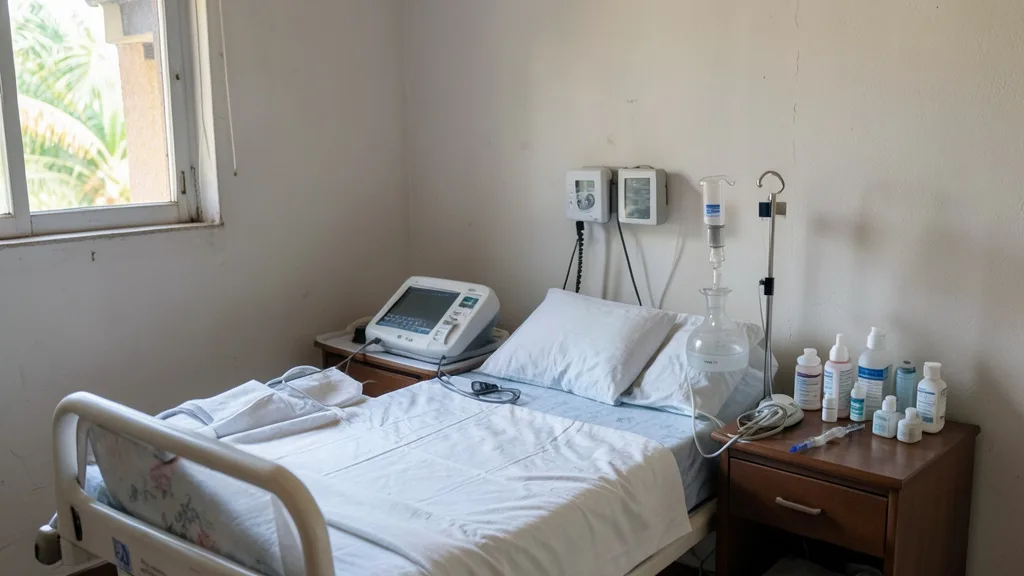 Imagem gerada por IA: Equipamentos médicos organizados em um quarto preparado para atendimento domiciliar.
