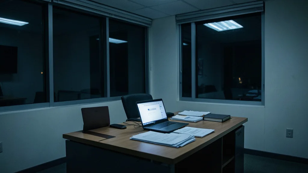 Imagem gerada por IA: Escritório corporativo vazio após o expediente, com laptop e papéis sobre uma mesa.