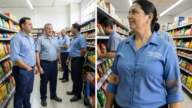 Imagem gerada por IA: Funcionários de supermercado usam uniformes semelhantes em um corredor de compras.