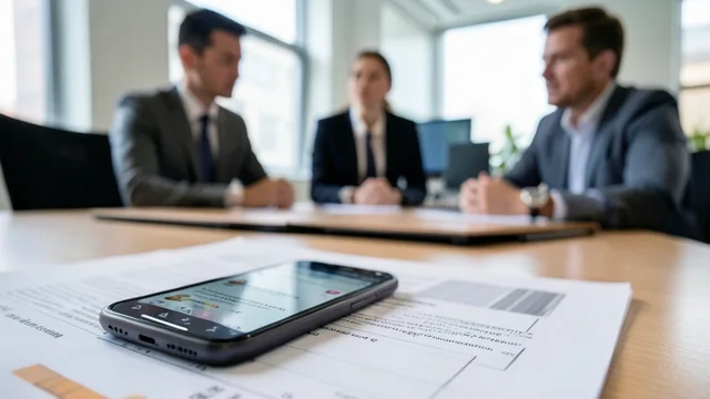 Imagem gerada por IA: Celular com feed de rede social desfocado sobre uma mesa de escritório, com trabalhadores ao fundo.